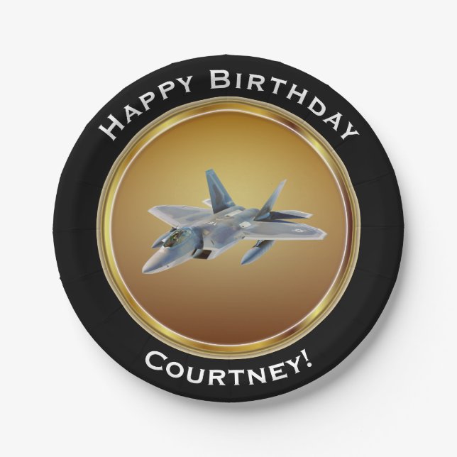 F22 Raptor on Faux Gold Happy Birthday with Name Paper Plate (Front)