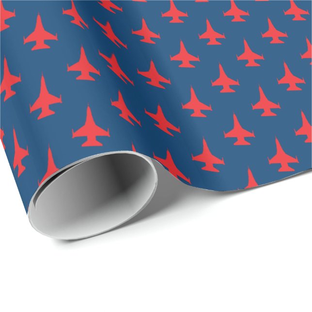 F-16 Falcon Fighter Jet Pattern Red on Blue Wrapping Paper (Roll Corner)