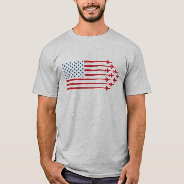 F-16 Fighter Jet American Flag Red and Blue T-Shirt (Front)