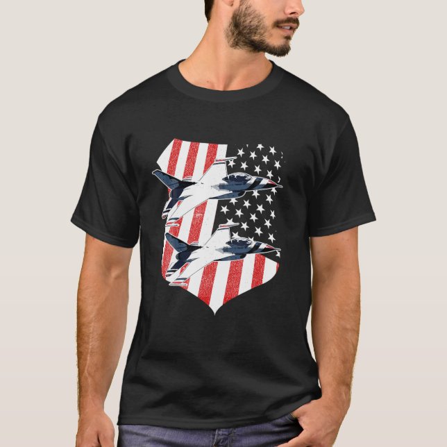 F 16 Fighter Jet American Flag T Shirt (Front)