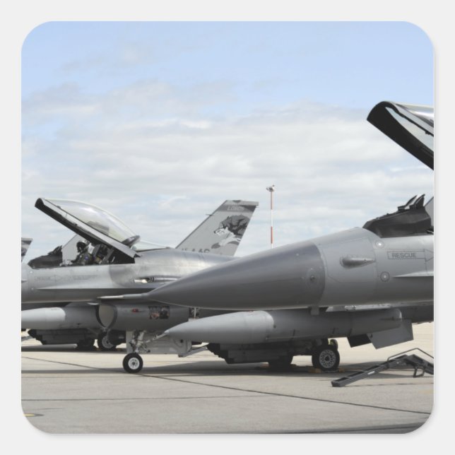 F-16 Fighting Falcons await to launch Square Sticker (Front)