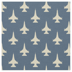 F-16 Viper Fighter Jet Pattern Cream on Dusty Blue Fabric