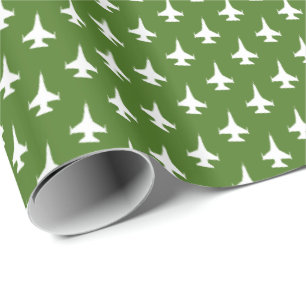 F-16 Viper Fighter Jet Pattern White on Green Wrapping Paper