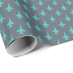 F-16 Viper Jet Pattern Aqua on Grey Wrapping Paper