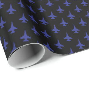 F-16 Viper Jet Pattern Blue on Black Wrapping Paper