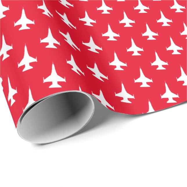 F-16 Viper Jet Pattern White on Red Wrapping Paper (Roll Corner)
