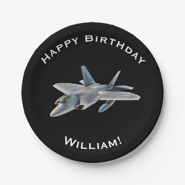 F-22 Fighter Jet Birthday with Personalised Name Paper Plate (Front)