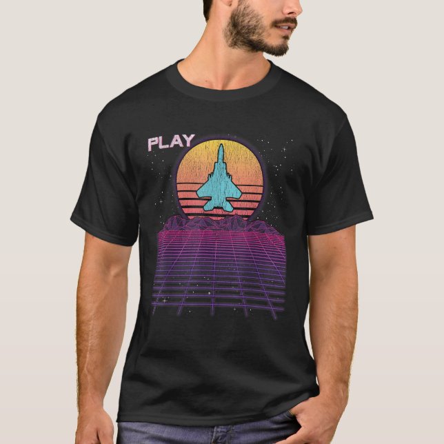 F 22 Raptor Fighter Jet F18 Synthwave Retrowave Ae T-Shirt (Front)
