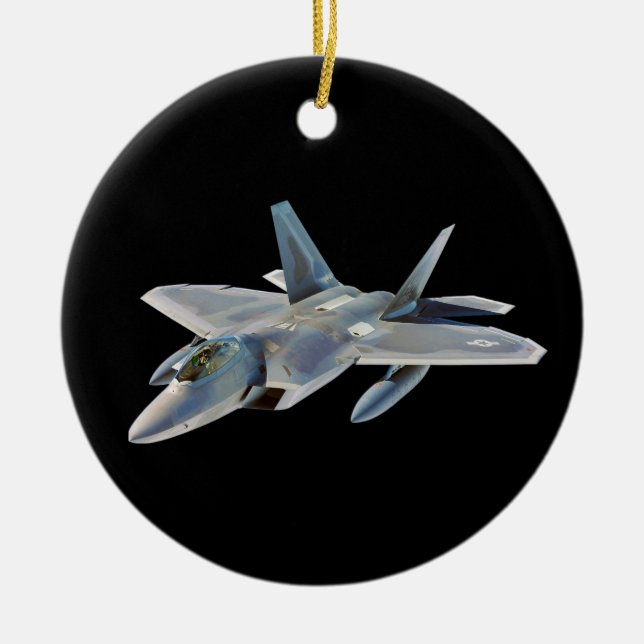 F-22 Raptor Fighter Jet on Black Ceramic Tree Decoration (Front)
