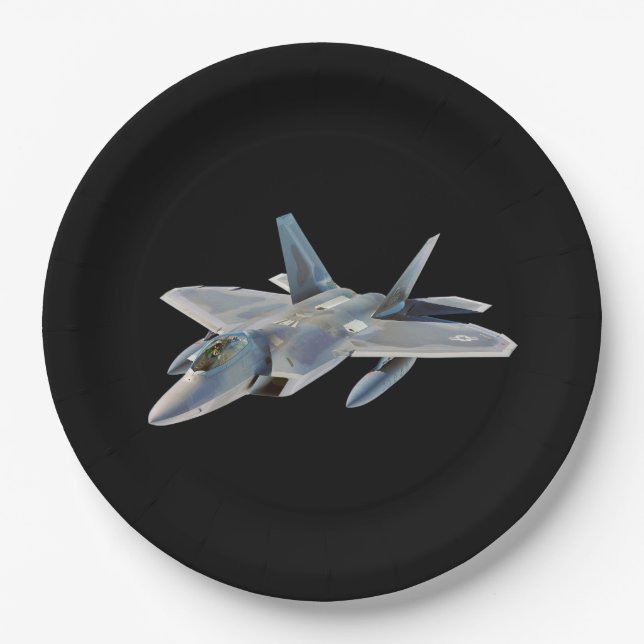 F-22 Raptor Fighter Jet on Black Paper Plate (Front)