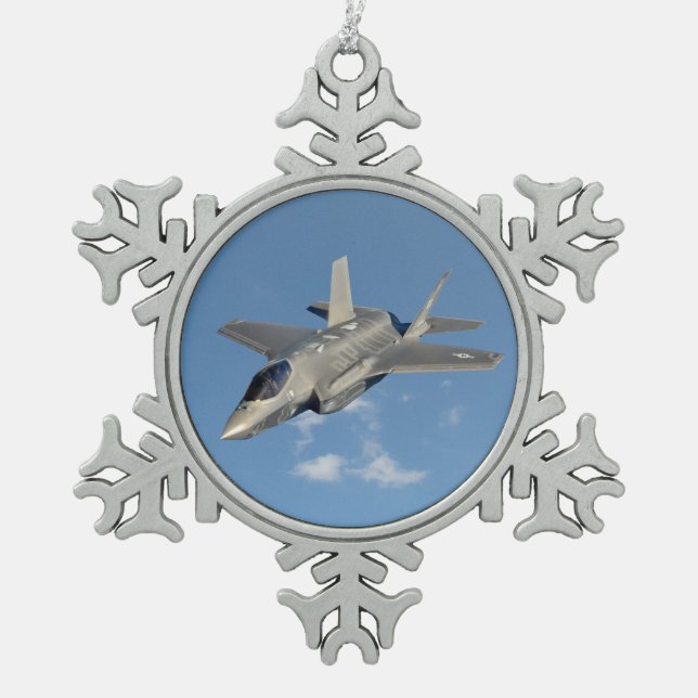 F-35 Lightning II Panther Jet Fighter in Sky Snowflake Pewter Christmas Ornament (Front)