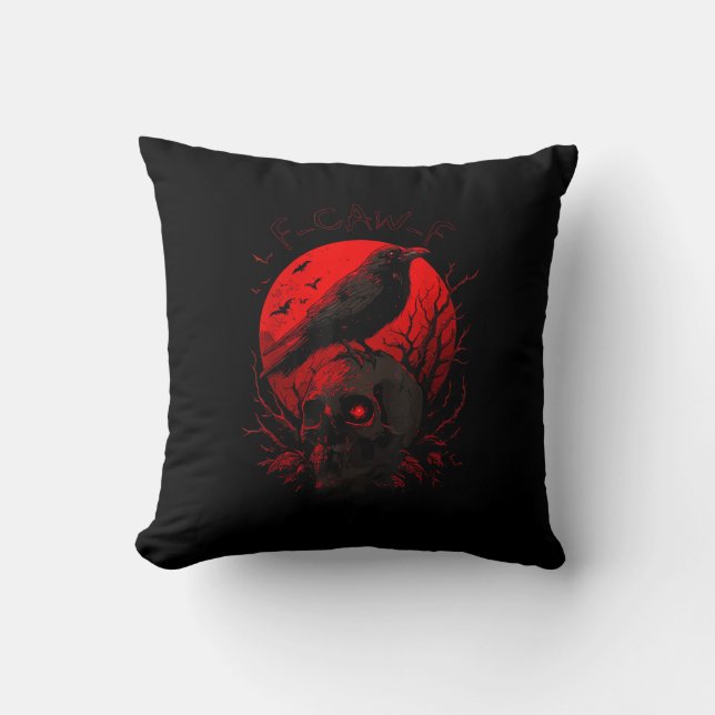 F-Caw-F Crow Funny Bird Red Moon Gothic Cushion (Front)