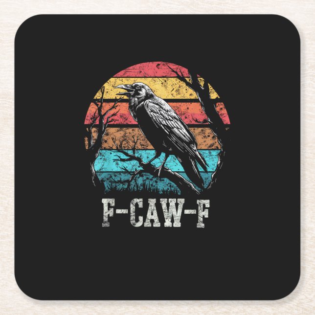 F-Caw-F Crow Retro Sunset Pun Funny Bird Cawing Gr Square Paper Coaster (Front)
