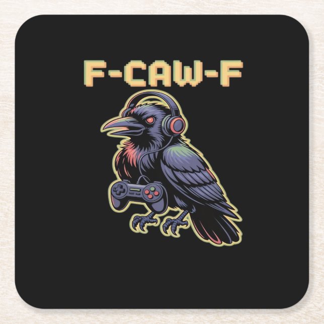 F-Caw-F Gaming Raven With Headphones - Edgy Stream Square Paper Coaster (Front)