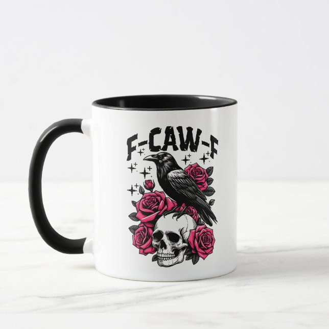 "F-CAW-F" Gothic Crow Skull & Pink Roses Mug (Left)