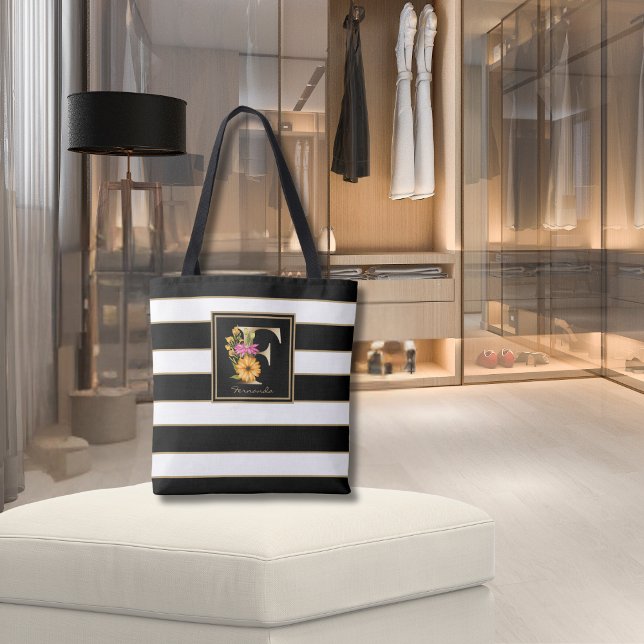 F Gold Floral Monogram | Black White Gold Stripes Tote Bag (Creator Uploaded)