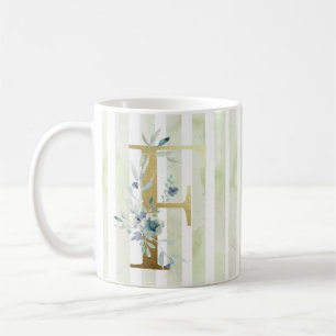 F golden initial on blue and white stripes coffee mug