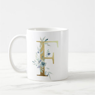 F golden initial with blue floral foliage coffee mug