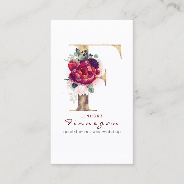 F Monogram Burgundy Red Flowers and Faux Gold Business Card (Front)