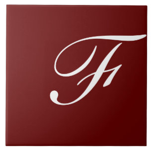 F Monogram Initial White on Maroon Ceramic Tile