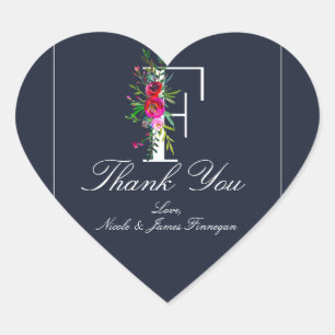 F Monogram Last Initial Modern Blue Floral Wedding Heart Sticker
