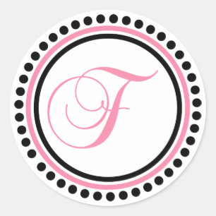 F Monogram (Light Pink / Black Dot Circle) Classic Round Sticker