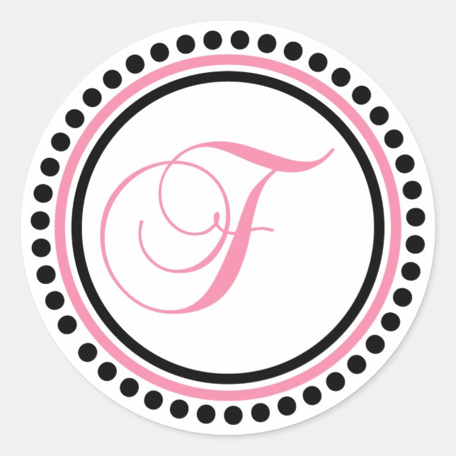 F Monogram (Light Pink / Black Dot Circle) Classic Round Sticker (Front)
