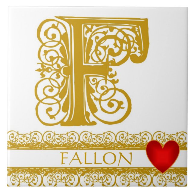 F Monogram Name Gold Lace Red Heart Template Tile (Front)