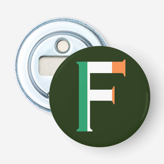 F Monogram overlaid on Irish Flag bocnt Bottle Opener (Front)