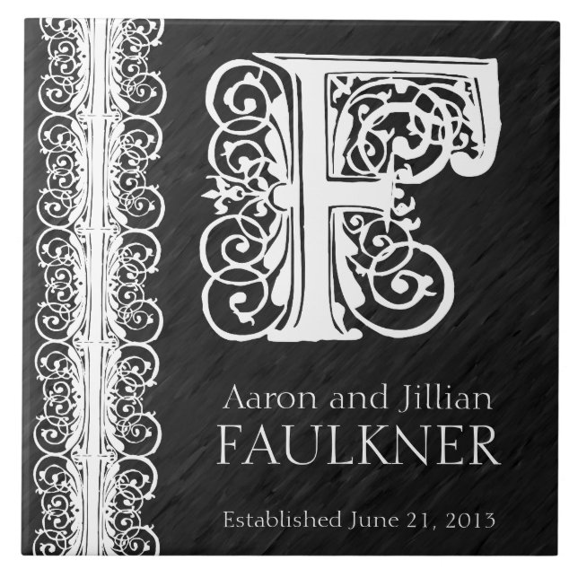 F Monogram "White Lace on Black" Wedding  Tile (Front)