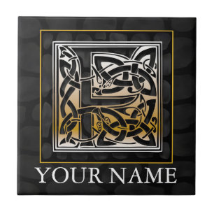 F "Your Name" Celtic Black Stone Monogram Tile