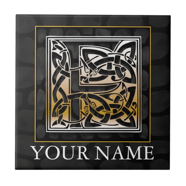 F "Your Name" Celtic Black Stone Monogram Tile (Front)