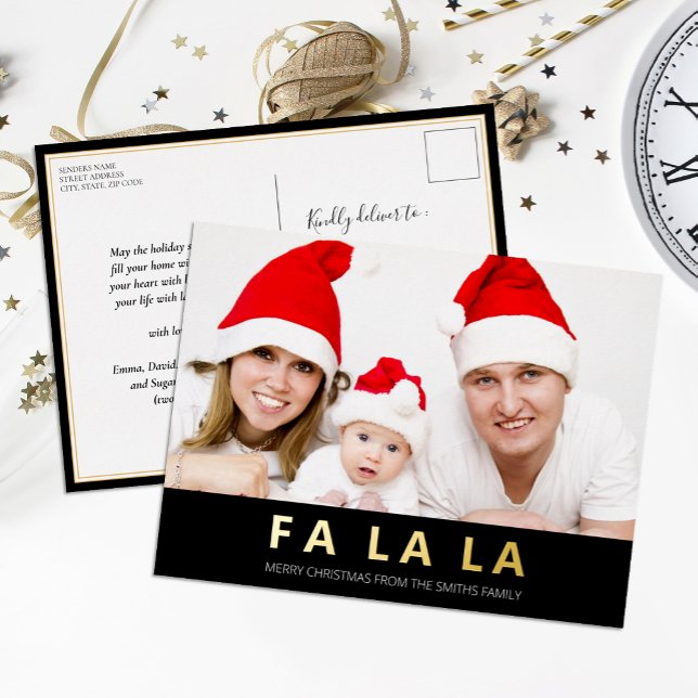 Fa La La Black Gold Modern Christmas Photo Foil Holiday Postcard (Creator Uploaded)