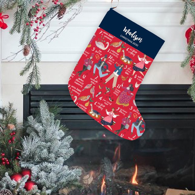 Fa La La Christmas 12 days of Christmas Red Large Christmas Stocking (12 days of Christmas Stocking)