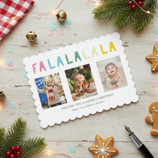 Fa La La Christmas 3 Photo Collage Cute Pastel Holiday Card (Creator Uploaded)