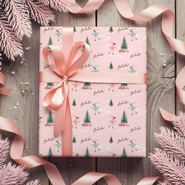 Fa La La Cute Pink Elf Ice Skating Girly  Wrapping Paper (Fa La La Cute Pink Elf Ice Skating Girly Wrapping Paper)