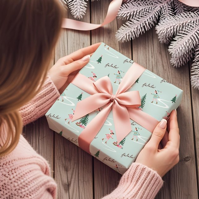 Fa La La Cute Pink Elf Ice Skating Girly  Wrapping Paper (Fa La La Cute Pink Elf Ice Skating Girly Wrapping Paper)
