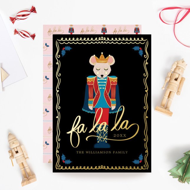 Fa La La Elegant Christmas Mouse King Ballet Black Foil Holiday Card (Creator Uploaded)