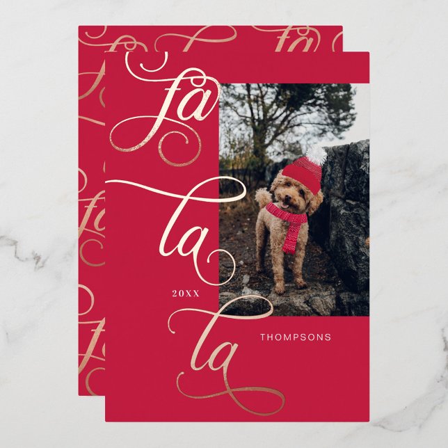 Fa La La Elegant Rose Gold Calligraphy Dog Scarf Foil Holiday Card (Creator Uploaded)