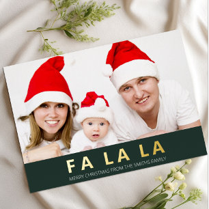 Fa La La Green Gold Modern Christmas Photo Foil Holiday Card