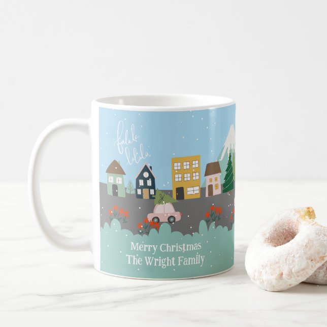 Fa la la la Cute Town Christmas Tree on Pink Car Coffee Mug (With Donut)