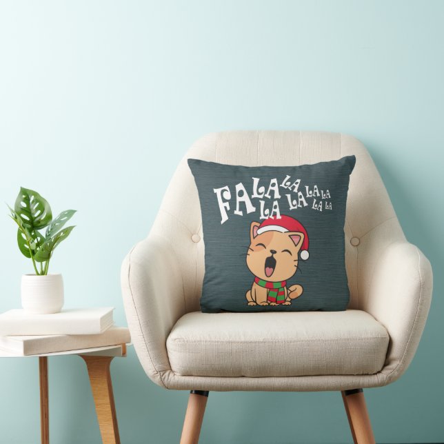Fa La La La La Christmas Cat Singing Throw Pillow (Chair)