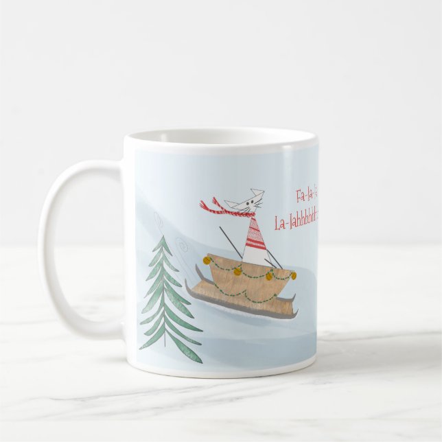 Fa-la-la-la-la sleighing Fancy Cat mug (Left)