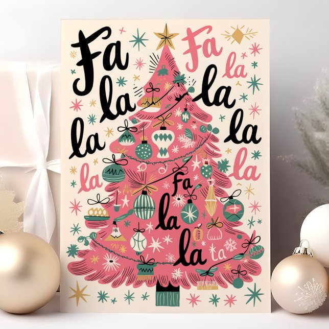 Fa La La La Pink Retro Christmas Tree Holiday Card (Creator Uploaded)