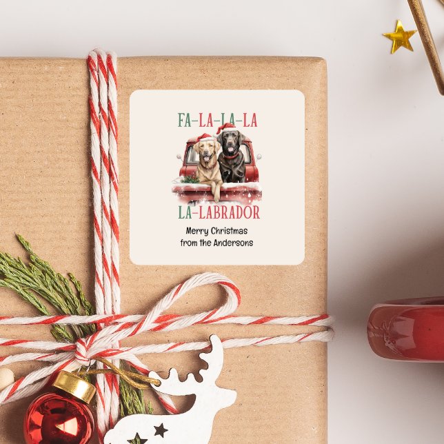 FA LA LA LABRADOR DOG CHRISTMAS FURRY  SQUARE STICKER (FA LA LA LA LABRADOR CHRISTMAS DOG THEMED STICKER WITH CUSTOM TEXT, DOGS ON RED TRUCK VINTAGE)
