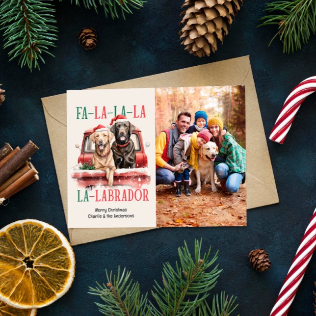 FA LA LA LABRADOR DOG RED TRUCK FURRY CHRISTMAS HOLIDAY POSTCARD (CHRISTMAS POSTCARD GOLDEN RETRIEVER BROWN LABRADOR DOG THEMED WITH SINGLE PHOTO)