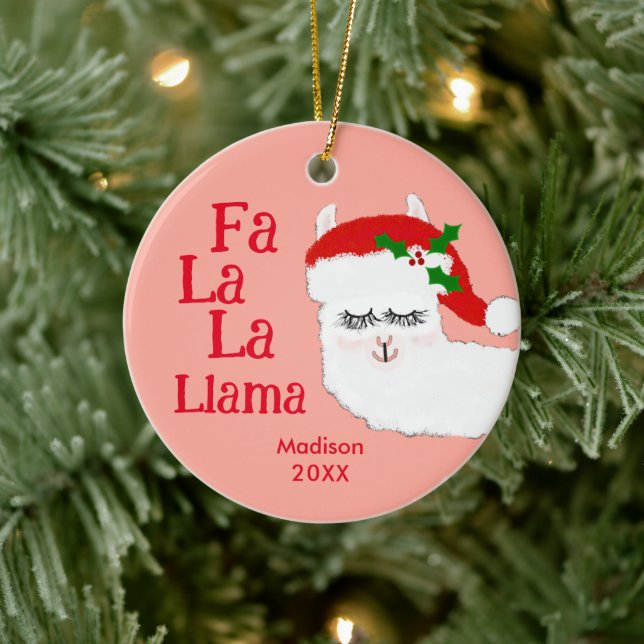 Fa La La Llama Funny Christmas Quote Pink KIds Ceramic Ornament (Tree)