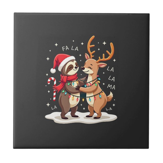 Fa La La Llama Xmas Lights Sloth Riding Llama Chri Ceramic Tile (Front)
