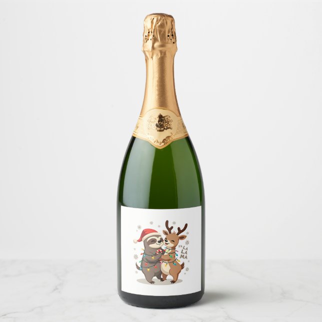 Fa La La Llama Xmas Lights Sloth Riding Llama Chri Sparkling Wine Label (Front)