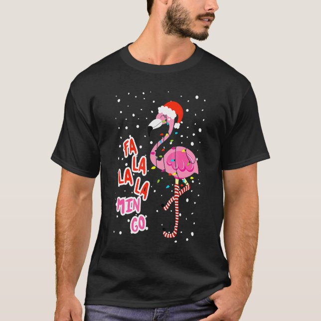 Fa La La Mingo Cute Pink Flamingo Santa Hat Merry  T-Shirt (Front)